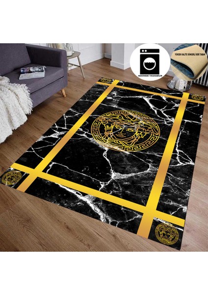 Medusa Motif Gold Şerit Süngerli Yüzey Versace Halı -Deri Taban