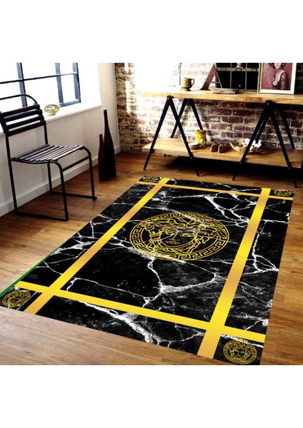 Medusa Motif Gold Şerit Süngerli Yüzey Versace Halı -Deri Taban modelleri