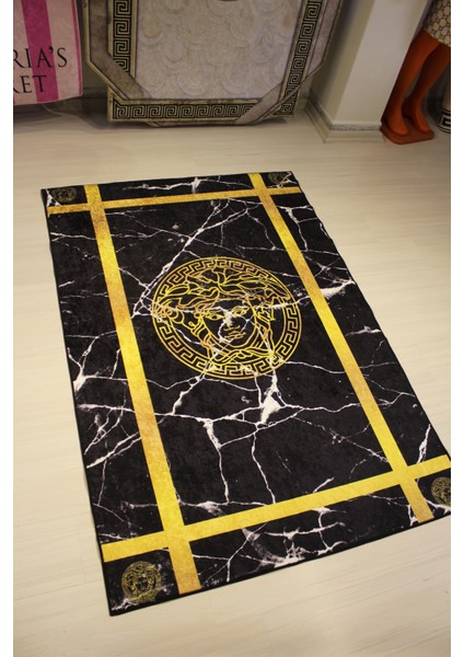 Medusa Motif Gold Şerit Süngerli Yüzey Versace Halı -Deri Taban fırsatları