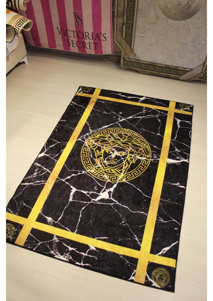 Medusa Motif Gold Şerit Süngerli Yüzey Versace Halı -Deri Taban indirimleri