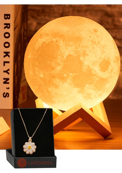 3D Ahşap Standlı Ay Gece Lambası Papatya Kolye Küre LED Başucu Lambası
