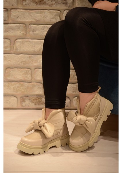 Kadın Krem Paraşüt Önü Papyon Kalın Taban Kısa Bot&bootie