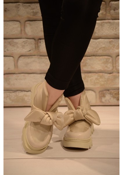 Kadın Krem Paraşüt Önü Papyon Kalın Taban Kısa Bot&bootie fiyatları