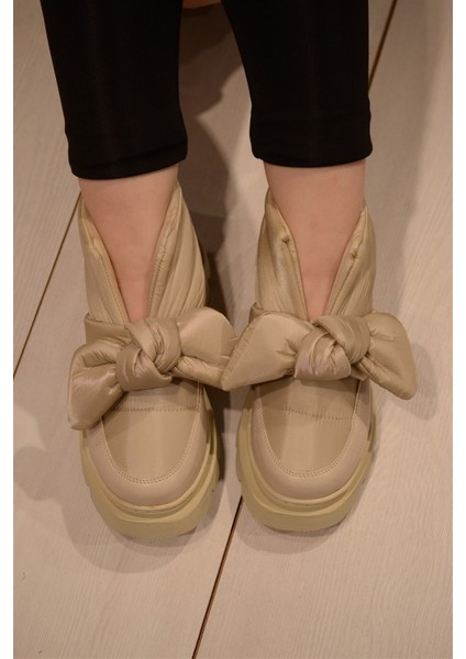 Kadın Krem Paraşüt Önü Papyon Kalın Taban Kısa Bot&bootie modelleri