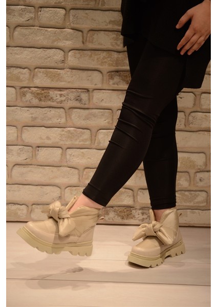 Kadın Krem Paraşüt Önü Papyon Kalın Taban Kısa Bot&bootie fırsatları