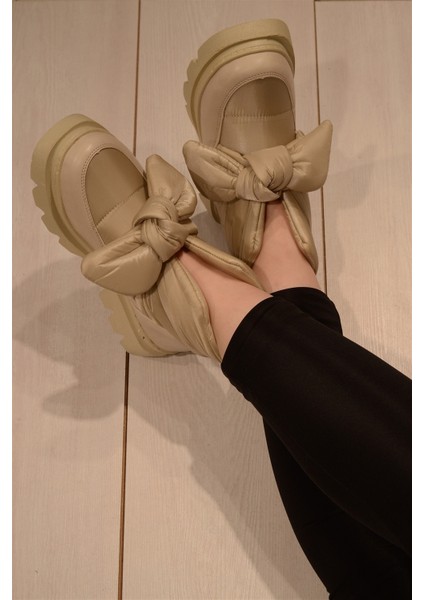 Kadın Krem Paraşüt Önü Papyon Kalın Taban Kısa Bot&bootie indirimleri