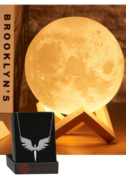 3D Ahşap Standlı Ay Gece Lambası Gümüş Melek Kolye Küre LED Başucu Lambası