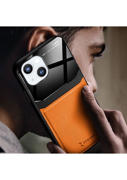 Apple iPhone 13 Mini Kılıf Zebana Lens Deri Kılıf Turuncu modelleri