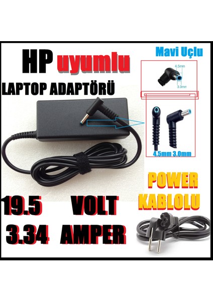 Hp Ultrabook Uyumlu Muadil Ürün 2 Yıl Garantili Şarj Aleti (65W) Notebook Laptop Adaptörü Şarj Cihazı 19.5 Volt 3.34 Amper Mavi Uç