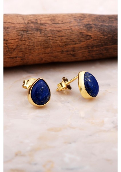 Doğal Lapis Lazuli Taşlı Damla Mini Altın Yaldızlı Gmüüş Kolye 5828