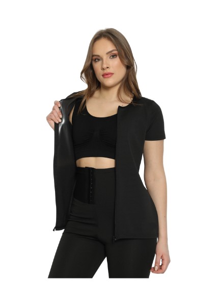 FİT1BEDEN Premium (3 Agraflı) Sauna Tayt+Yarım Kollu Fermuarlı Sauna Body Takım