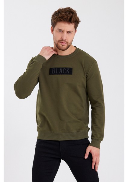 Black 3D Baskılı Standart Fit Erkek Ince Sweatshirt Haki