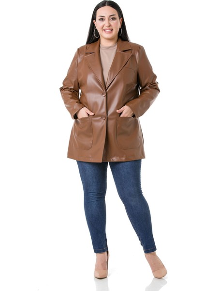 Büyük Beden Torba Cepli Düğmeli Astarlı Kahverengi Suni Deri Ceket