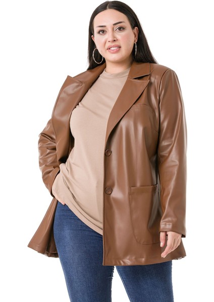 Büyük Beden Torba Cepli Düğmeli Astarlı Kahverengi Suni Deri Ceket fiyatları