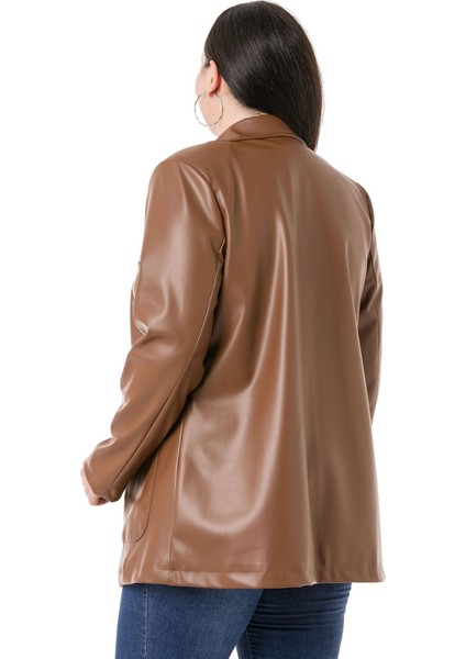 Büyük Beden Torba Cepli Düğmeli Astarlı Kahverengi Suni Deri Ceket modelleri