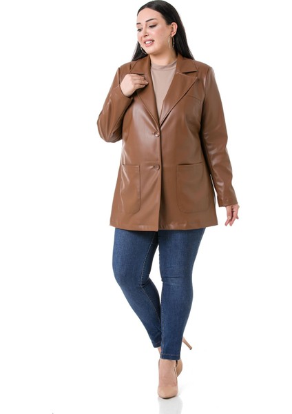 Büyük Beden Torba Cepli Düğmeli Astarlı Kahverengi Suni Deri Ceket fırsatları