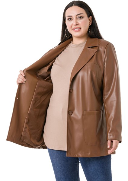 Büyük Beden Torba Cepli Düğmeli Astarlı Kahverengi Suni Deri Ceket indirimleri