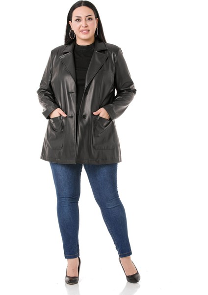 Büyük Beden Torba Cepli Düğmeli Astarlı Siyah Suni Deri Ceket