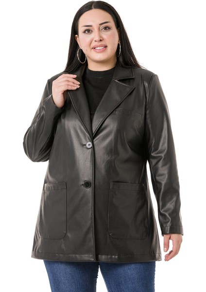 Büyük Beden Torba Cepli Düğmeli Astarlı Siyah Suni Deri Ceket fiyatları