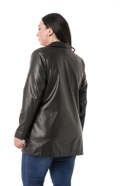 Büyük Beden Torba Cepli Düğmeli Astarlı Siyah Suni Deri Ceket modelleri