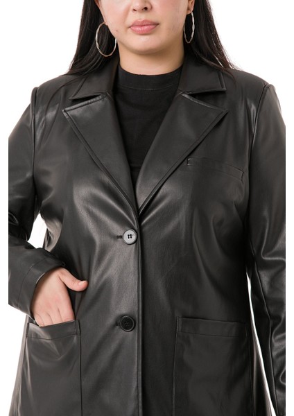 Büyük Beden Torba Cepli Düğmeli Astarlı Siyah Suni Deri Ceket fırsatları