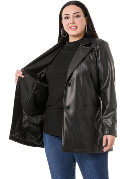 Büyük Beden Torba Cepli Düğmeli Astarlı Siyah Suni Deri Ceket indirimleri