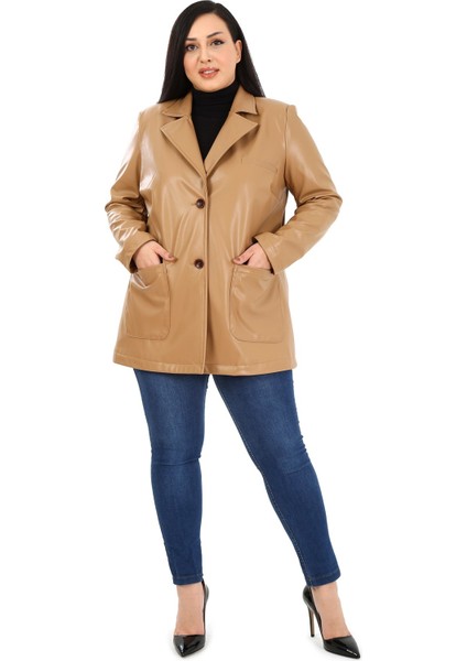 Büyük Beden Torba Cepli Düğmeli Astarlı Bej Suni Deri Ceket