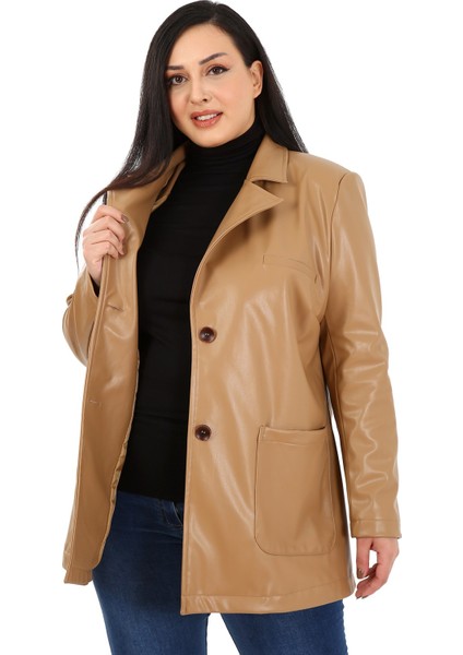 Büyük Beden Torba Cepli Düğmeli Astarlı Bej Suni Deri Ceket fiyatları
