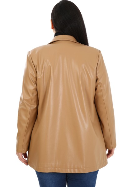 Büyük Beden Torba Cepli Düğmeli Astarlı Bej Suni Deri Ceket modelleri