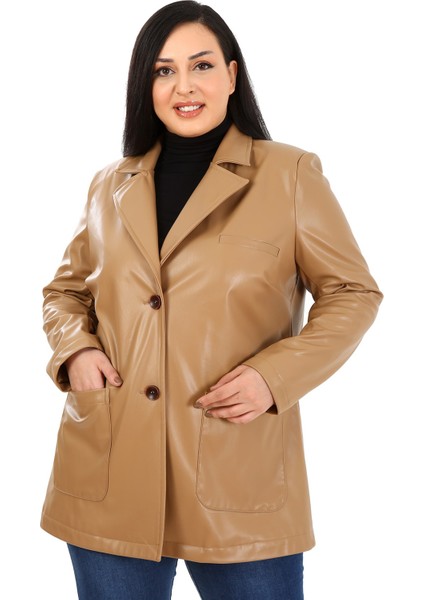 Büyük Beden Torba Cepli Düğmeli Astarlı Bej Suni Deri Ceket indirimleri