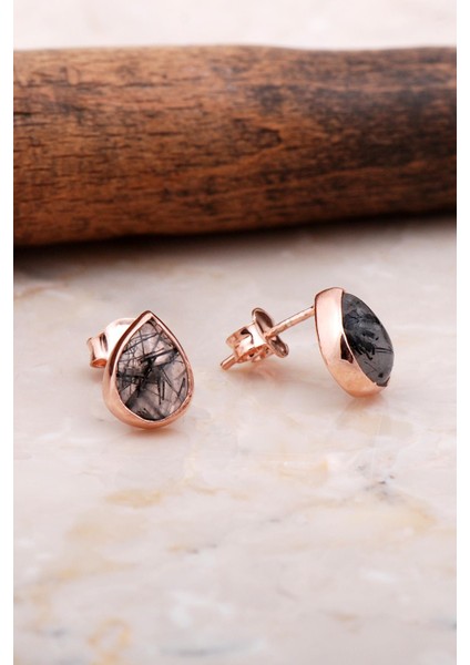 Doğal Rutil Kuvars Taşlı Damla Mini Rose Gümüş Küpe 5827