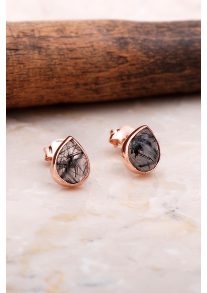 Doğal Rutil Kuvars Taşlı Damla Mini Rose Gümüş Küpe 5827 fiyatları