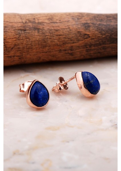 Doğal Lapis Lazuli Taşlı Damla Mini Rose Gümüş Küpe 5830
