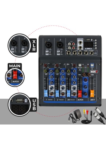 MDX-45S Ses Mikseri Stüdyo Kayıt Için 4 Kanal Ses Kartlı +48V Phantomlu Kayıt Mikseri