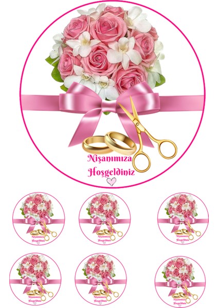 Yenilebilir Pasta Resmi Nişan Modeli Pirinç Kağıdından 6-8-10 Kişilik Pastaya Uygun 16 cm