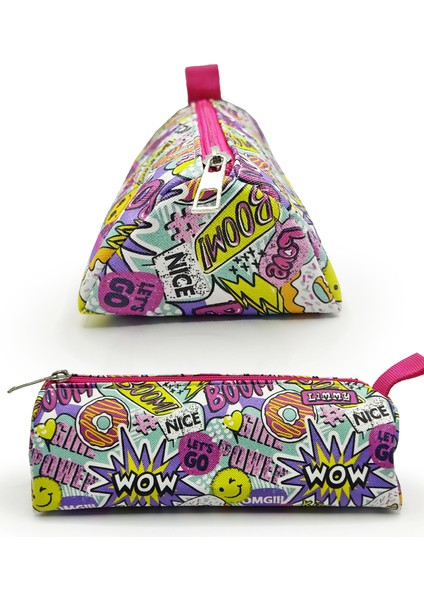 Kalem Kutusu Wow Oops Boom Smile Desenli Üçgen Kalemkutu Jumbo Vegan Deri Kalemlik modelleri