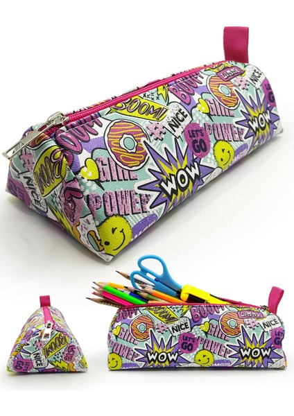 Kalem Kutusu Wow Oops Boom Smile Desenli Üçgen Kalemkutu Jumbo Vegan Deri Kalemlik fırsatları