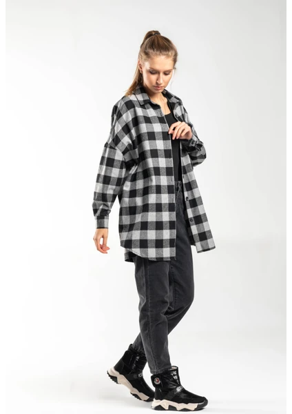 Ntrl Exclusive Kadın Oversize Tek Cepli Flanel Ekose Gömlek