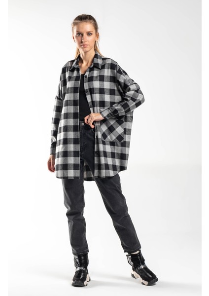 Kadın Oversize Tek Cepli Flanel Ekose Gömlek