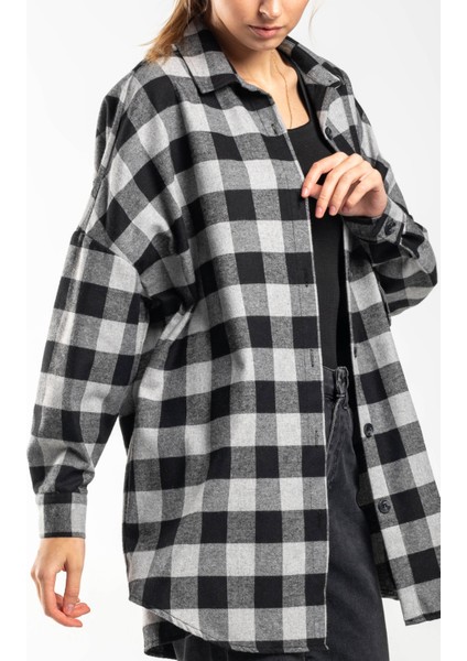 Kadın Oversize Tek Cepli Flanel Ekose Gömlek