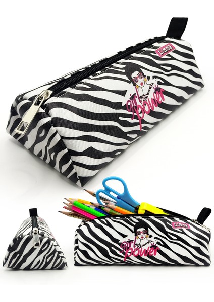 Kalem Kutusu Zebra Desenli Üçgen Kalemkutu Jumbo Vegan Deri Kalemlik - Siyah fırsatları