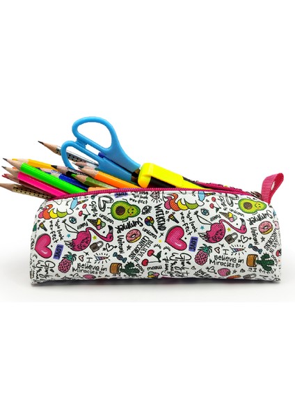 Kalem Kutusu Unicorn-Flamingo-Avakado Desenli Üçgen Kalemkutu Jumbo Vegan Deri Kalemlik