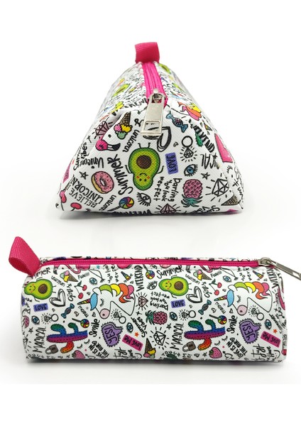 Kalem Kutusu Unicorn-Flamingo-Avakado Desenli Üçgen Kalemkutu Jumbo Vegan Deri Kalemlik fiyatları