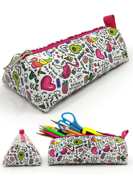 Kalem Kutusu Unicorn-Flamingo-Avakado Desenli Üçgen Kalemkutu Jumbo Vegan Deri Kalemlik modelleri