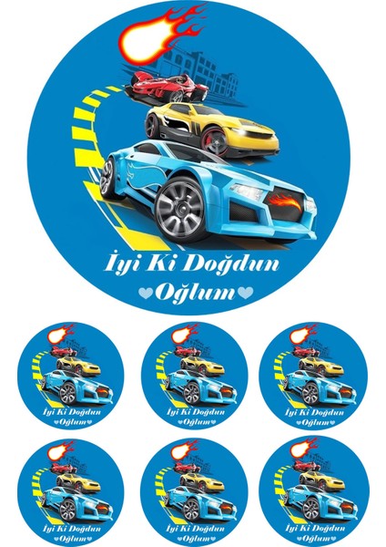 Yenilebilir Pasta Resmi Yarışan Arabalar Pirinç Kağıdından 6-8-10 Kişilik Pastaya Uygun 16 cm
