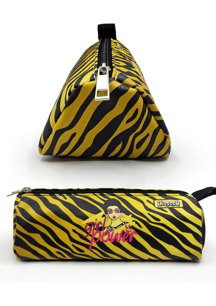 Kalem Kutusu Zebra Desenli Üçgen Kalemkutu Jumbo Vegan Deri Kalemlik - Siyahsarı modelleri