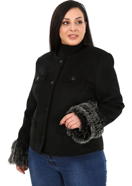 Büyük Beden Kolu Kürklü Sahte Cepli Astarlı Kısa Siyah Ceket