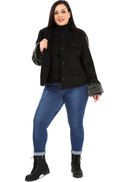 Büyük Beden Kolu Kürklü Sahte Cepli Astarlı Kısa Siyah Ceket fiyatları