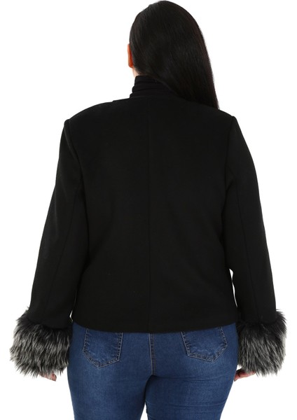Büyük Beden Kolu Kürklü Sahte Cepli Astarlı Kısa Siyah Ceket modelleri