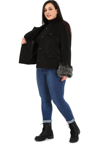 Büyük Beden Kolu Kürklü Sahte Cepli Astarlı Kısa Siyah Ceket fırsatları